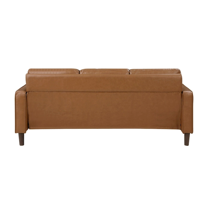 Stark 77 Inch Sofa, Brown Faux Leather, Track Style Arms, Solid Wood Frame