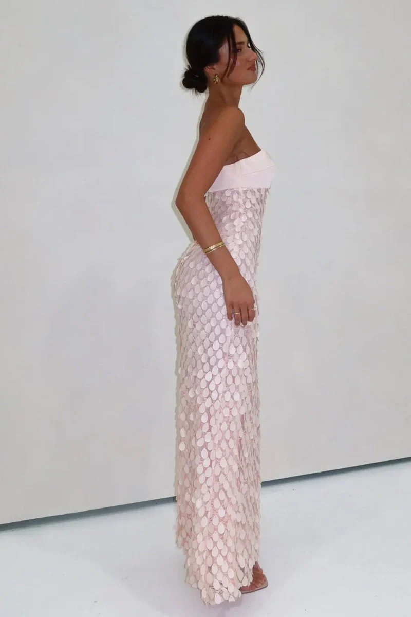 Pink - Sheath Strapless Long Prom Dresses with Sequins