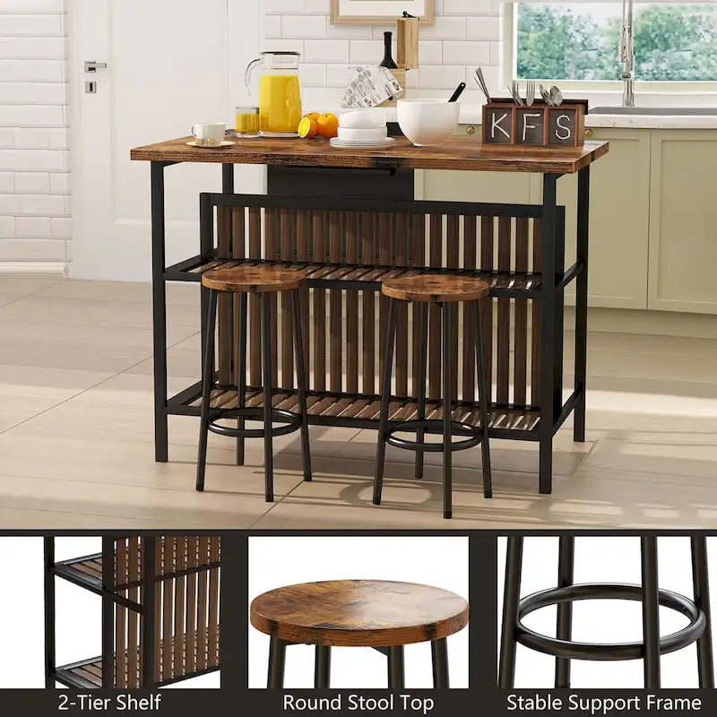 Grondin Mid-Century Modern 3-Piece Faux Marble Top Kitchen Island Set with 2 Stools and Shelves - N/A