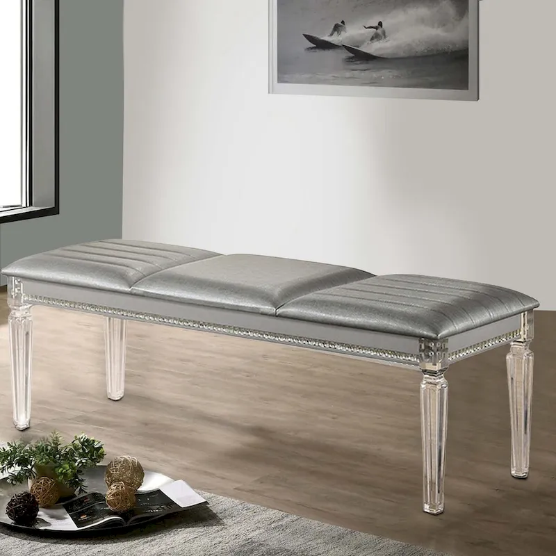 Sam 54 Inch Modern Upholstered Bench, Clear Acrylic Legs, Crystal Accents