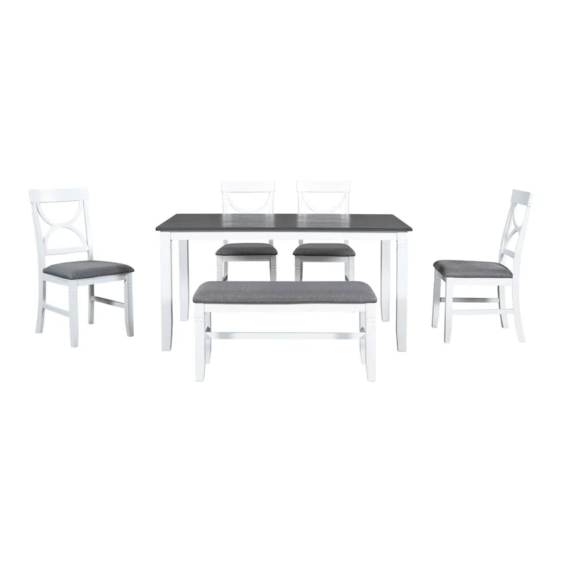 White Farmhouse 6-Piece Wooden Dining Table Set with Rectangular Table & 4 Chairs