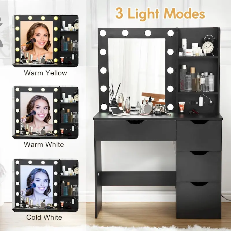 White Makeup Vanity Desk with Mirror and Lights - 15.2D x 35.4W x 55.1H