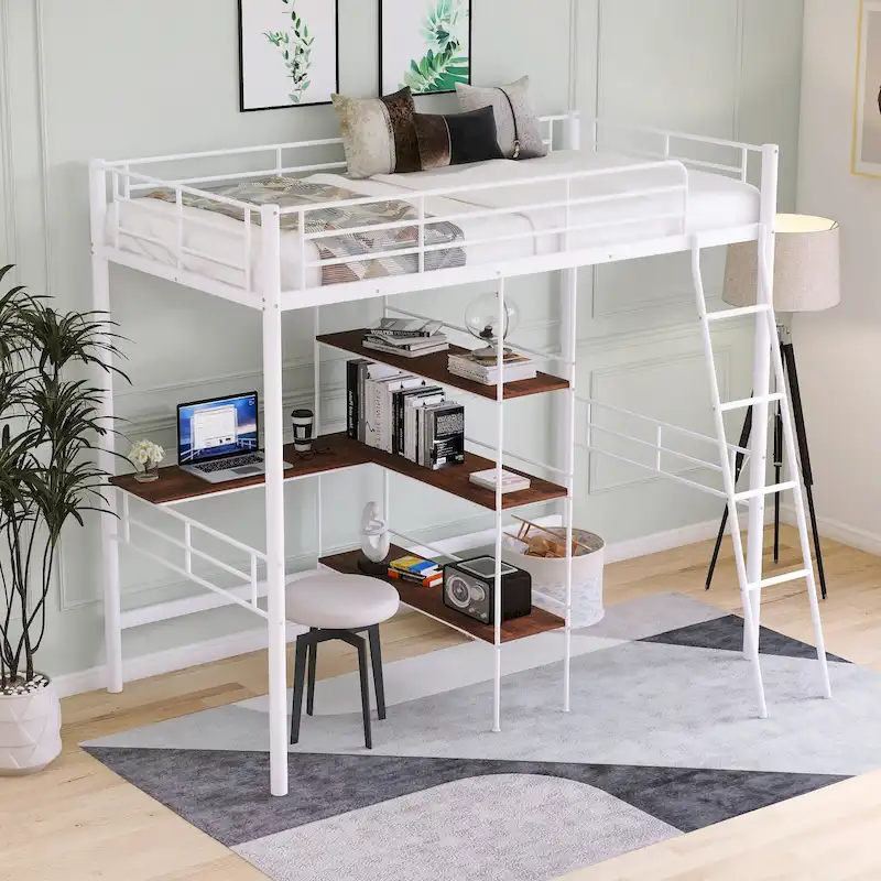 White Twin Metal Loft Bed with Desk & Shelves | Space-Saving Bedroom Furniture