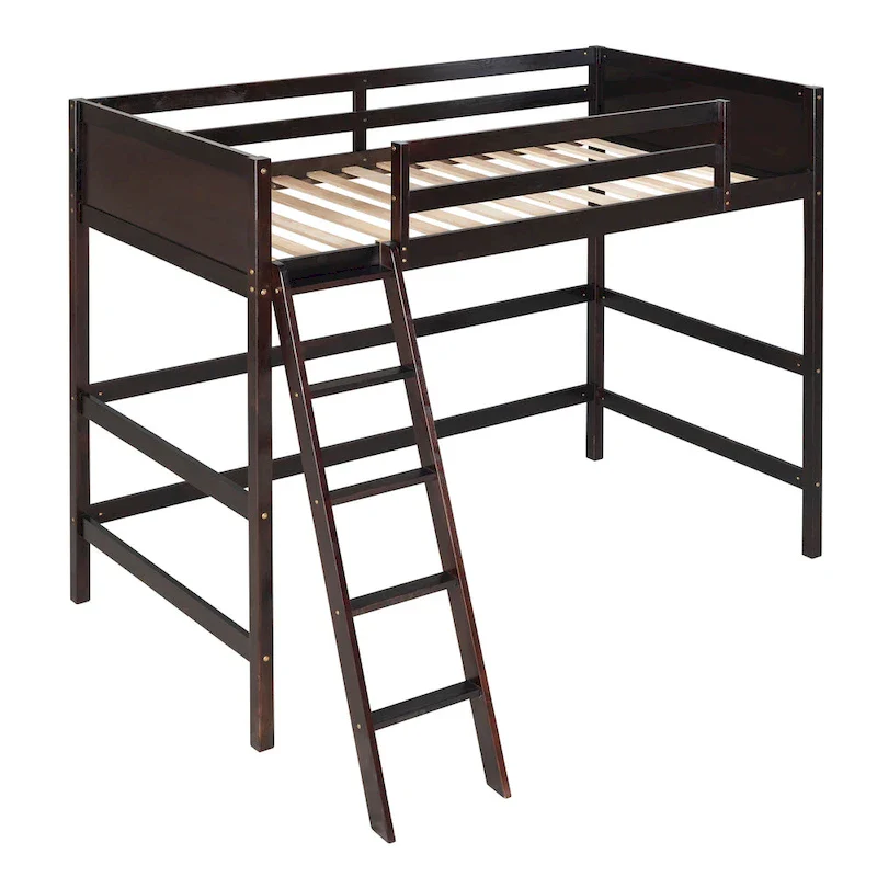 Espresso Twin Solid Wood Loft Bed with Ladder & Fence