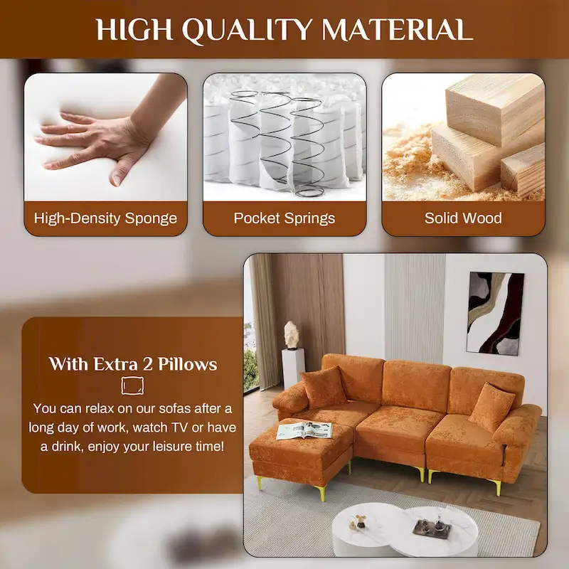 Upholstered Velvet Sectional Sofa with Pillows & Ottoman