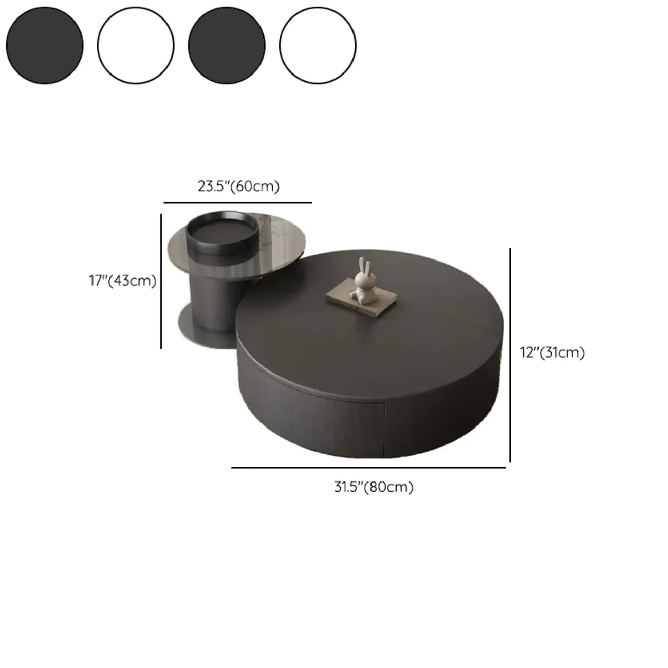 Black Modern Sleek Nesting Round Wood Drawer Coffee Table