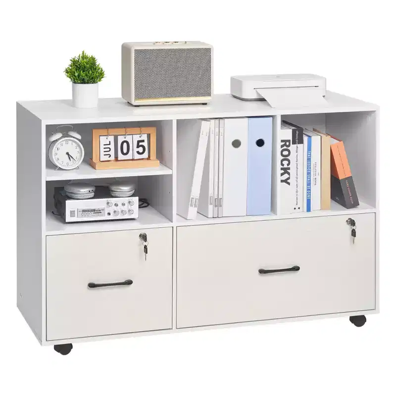 2-Drawer Wooden File Cabinet with Wheels Lockable Lateral Filing with Open Shelves Printer Stand White
