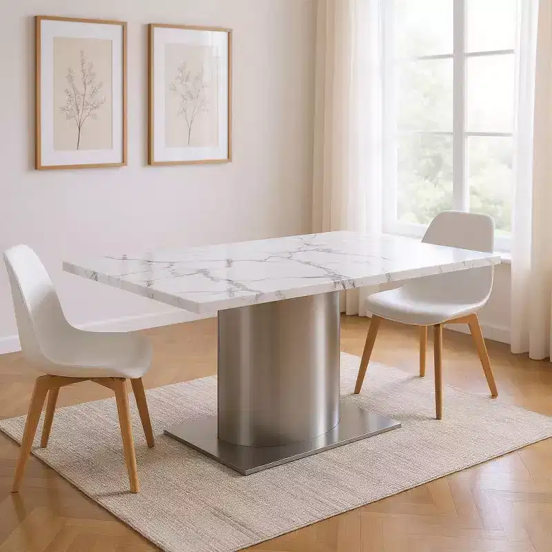 HomeRoots 72 Gray White and Silver Marble and Stainless Steel Pedestal Base Dining Table