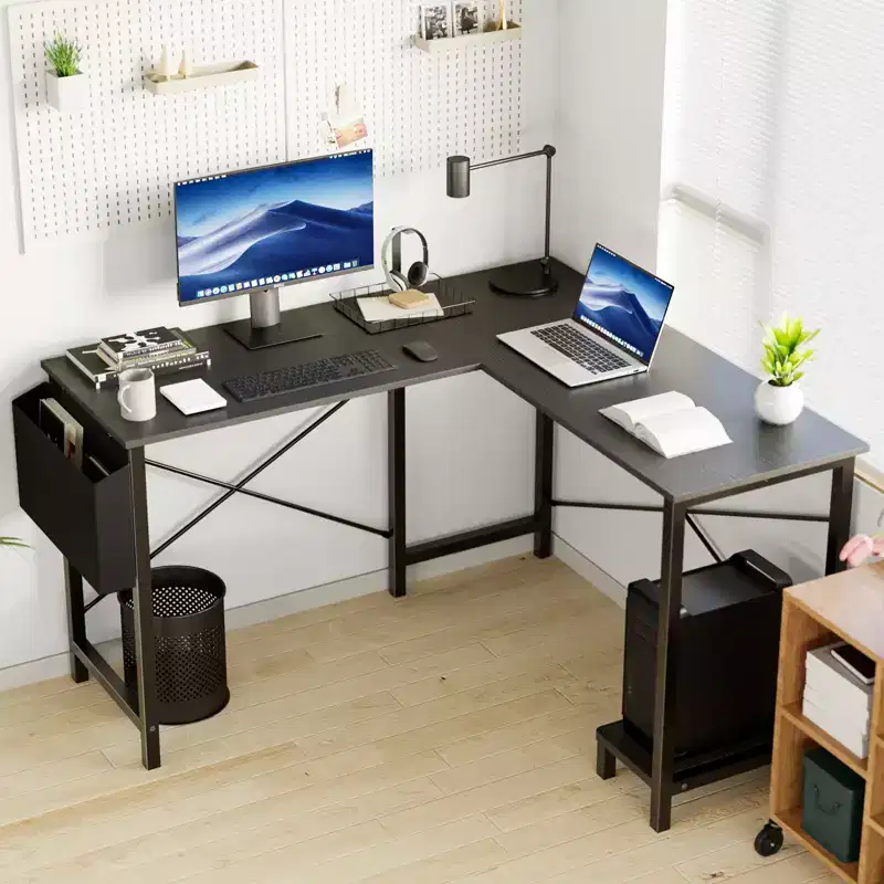 Bestier L Shaped Computer Desk, 50 inch L Shaped Desk with Reversible Shelves and Side Bag, Gaming Desk Study Writing Table for Home Office Bedroom