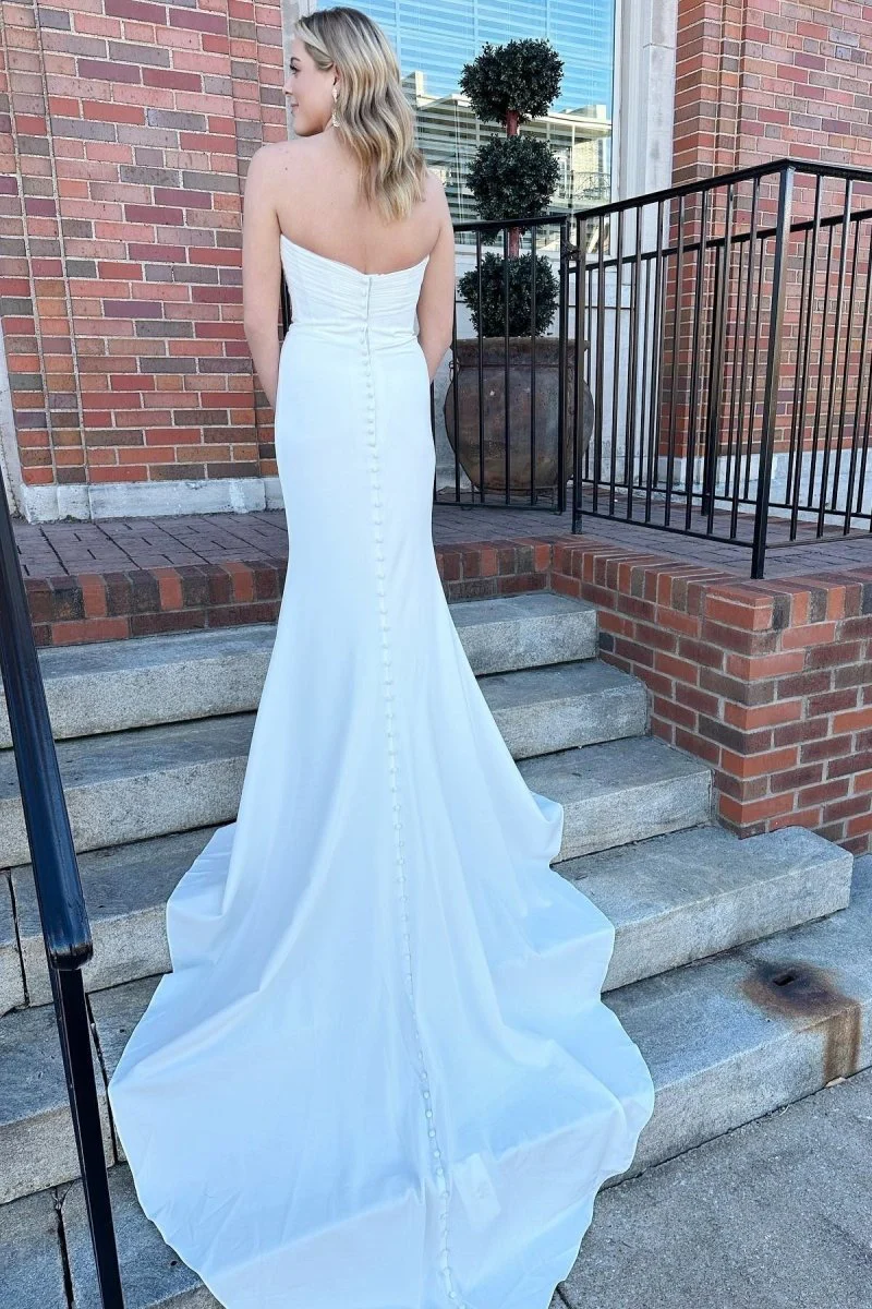 White Satin Strapless Mermaid Long Wedding Dress
