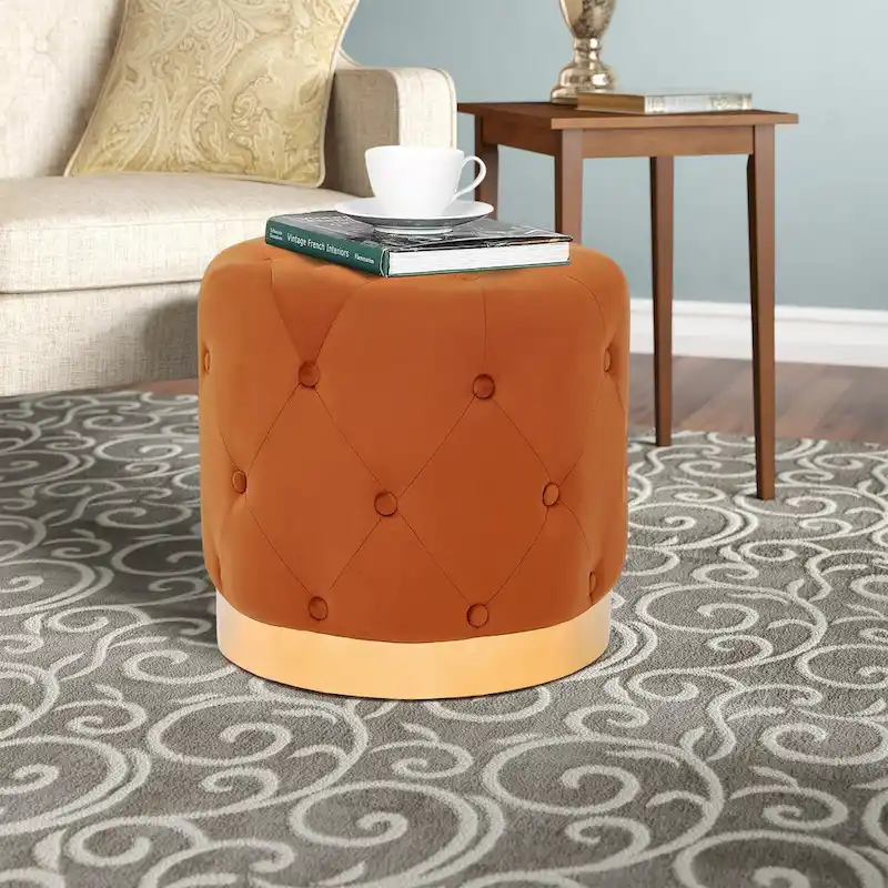 Adeco Round Velvet Ottoman Vanity Footrest Stool Gold Plating Base