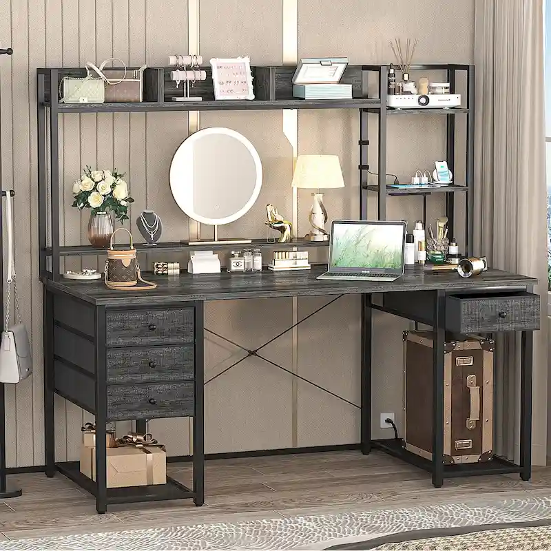 Gaming Desk with Hutch and Drawers, Office Computer Desk with Charge Station and LED Light