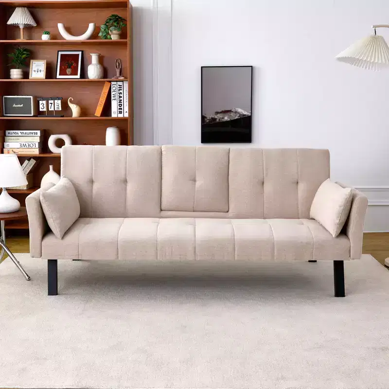 MAYEERTY 70 Inch Multifunctional Cotton Sofa Bed with Cup Holder Side Storage for Living Room Bedroom Beige