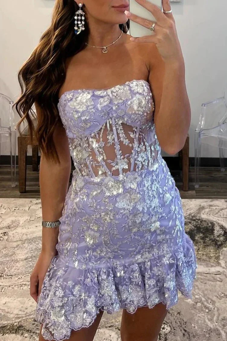 Strapless Lavender Sequin Tight Mini Dress with Ruffles