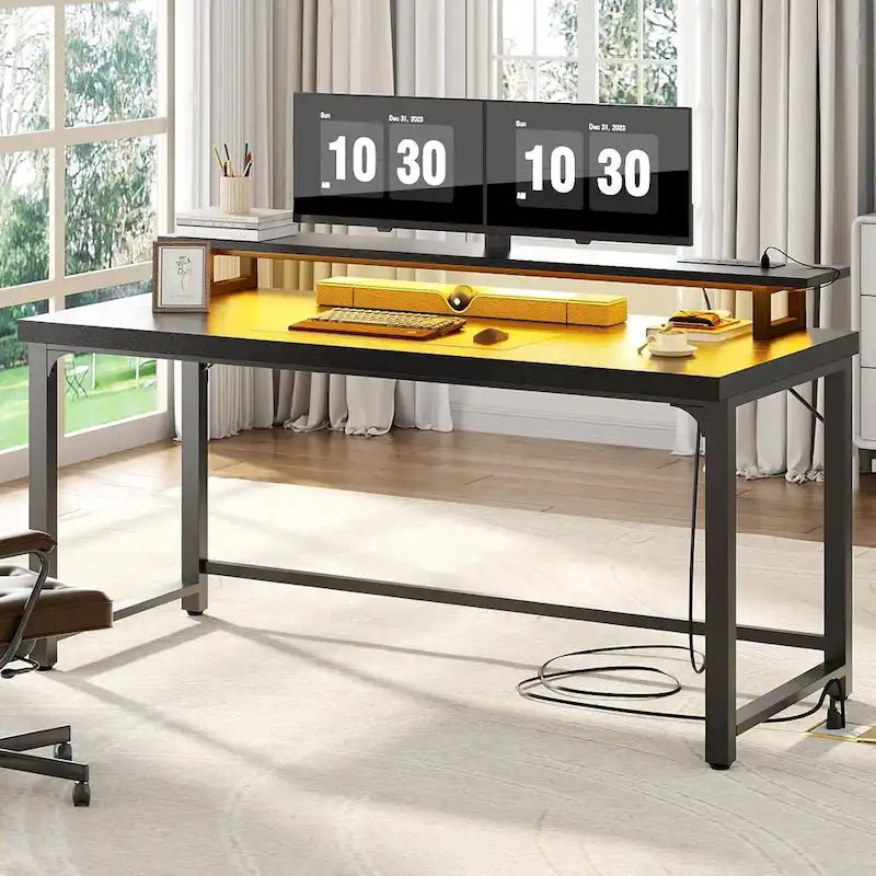 55 Inch Computer Desk with Socket and LED Light,Home Office Desk with 1.5 inch Thickened desktop,Writing Study Gaming Table