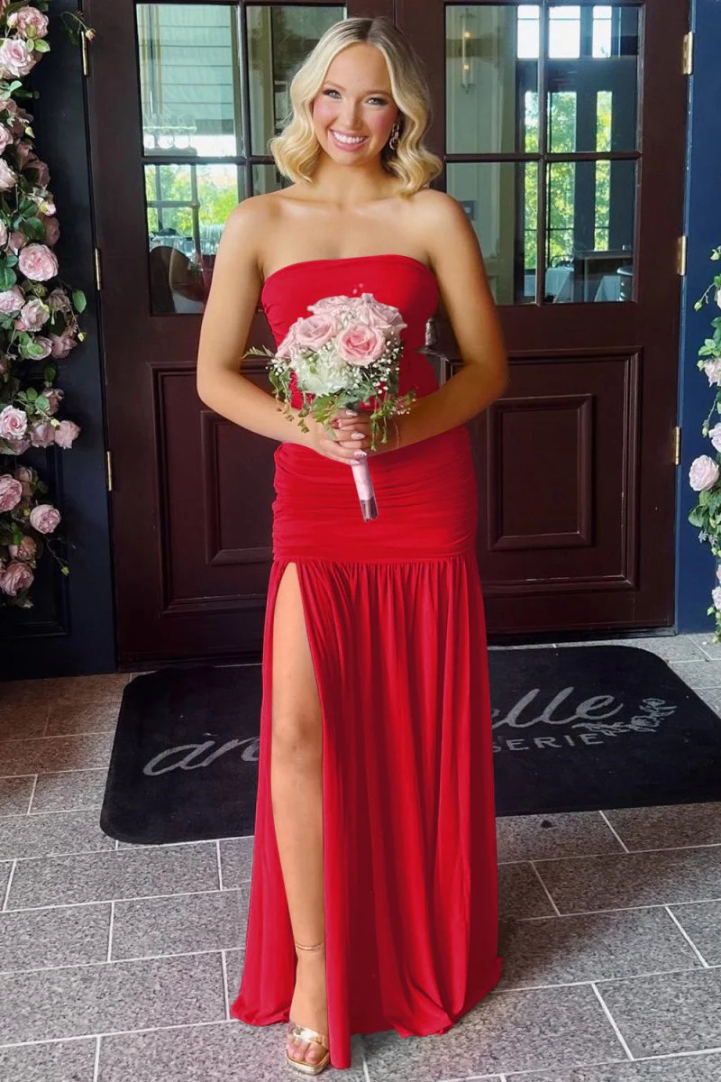 Hot Pink Sheath Strapless Pleated Chiffon Long Prom Dresses