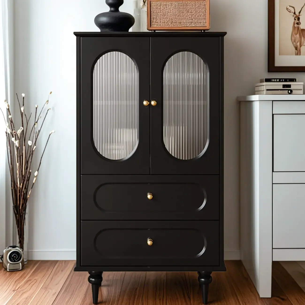 Elegant Black Wooden Accent Cabinet with Drawers & Doors
