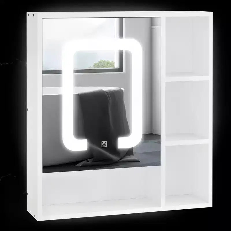 kleankin LED Light Medicine Cabinet with Mirror Door, Wall-Mounted Bathroom Vanity Organizer with Dimmer Touch Switch, and USB Charge, White