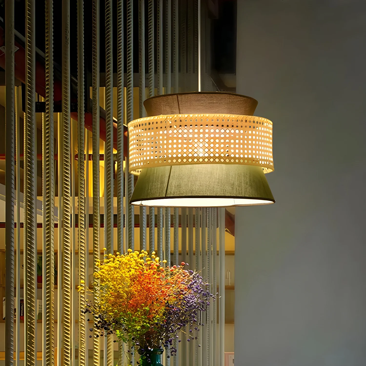 Boho Woven Modern Drum Cylinder Chandelier Adjustable Height