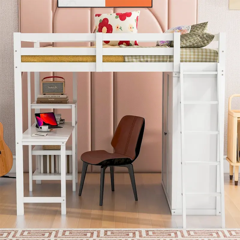 Merax Loft Bed with Wardrobe and Desk and Shelves