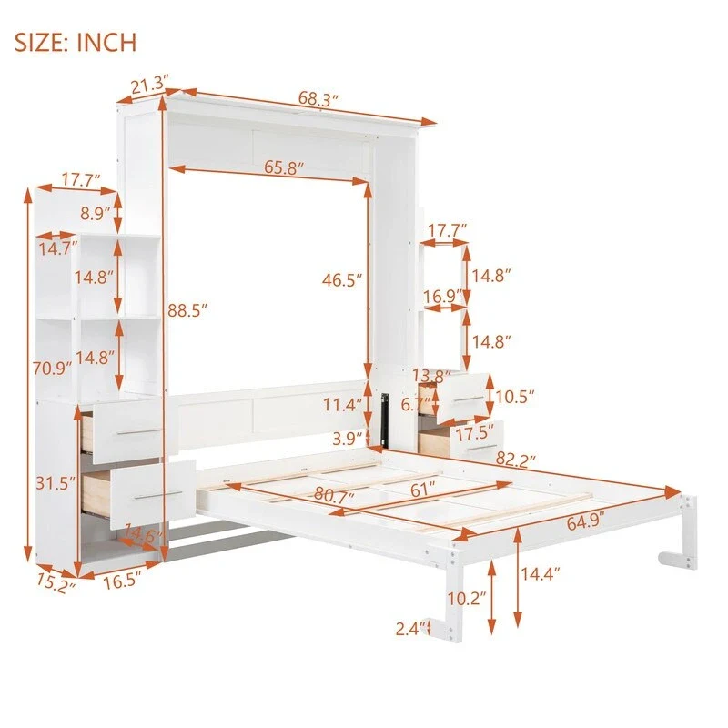Queen Size Wall Bed with Shelves, Drawers and LED Lights