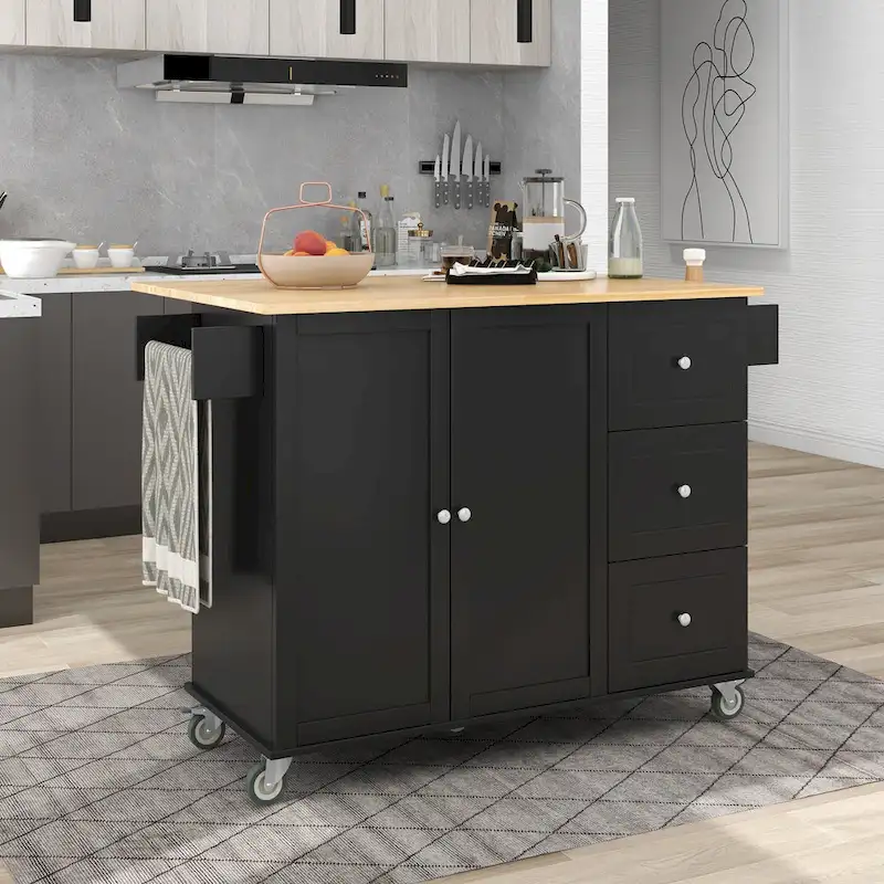 Black Rolling Kitchen Island Cart with Solid Wood Top, Drop-Leaf Breakfast Bar, 3 Drawers, Spice Rack & 2 Locking Wheels, 2-Person Assembly