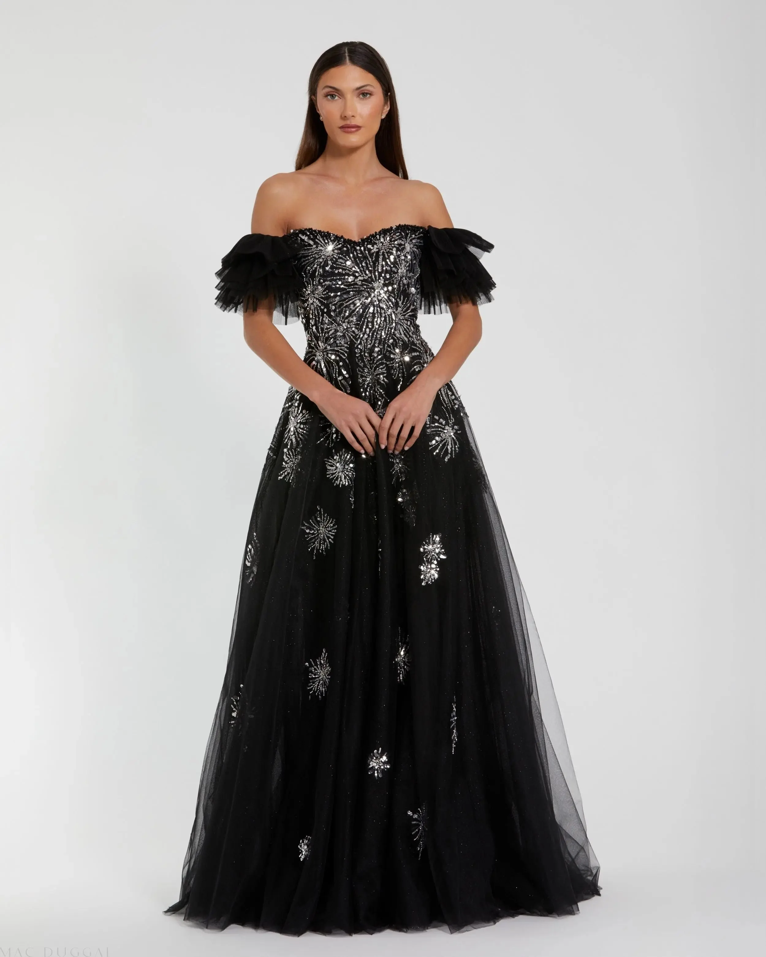 Black Tulle Off The Shoulder Gown With Sequin Details