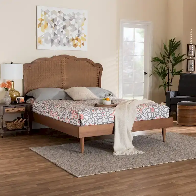 Camden Mid-Century Walnut Brown Wood and Rattan Platform Bed