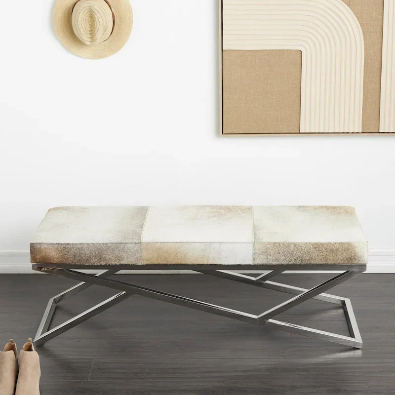 Leather Geometric Home Bench with Angled Silver Metal Base - Light Grey