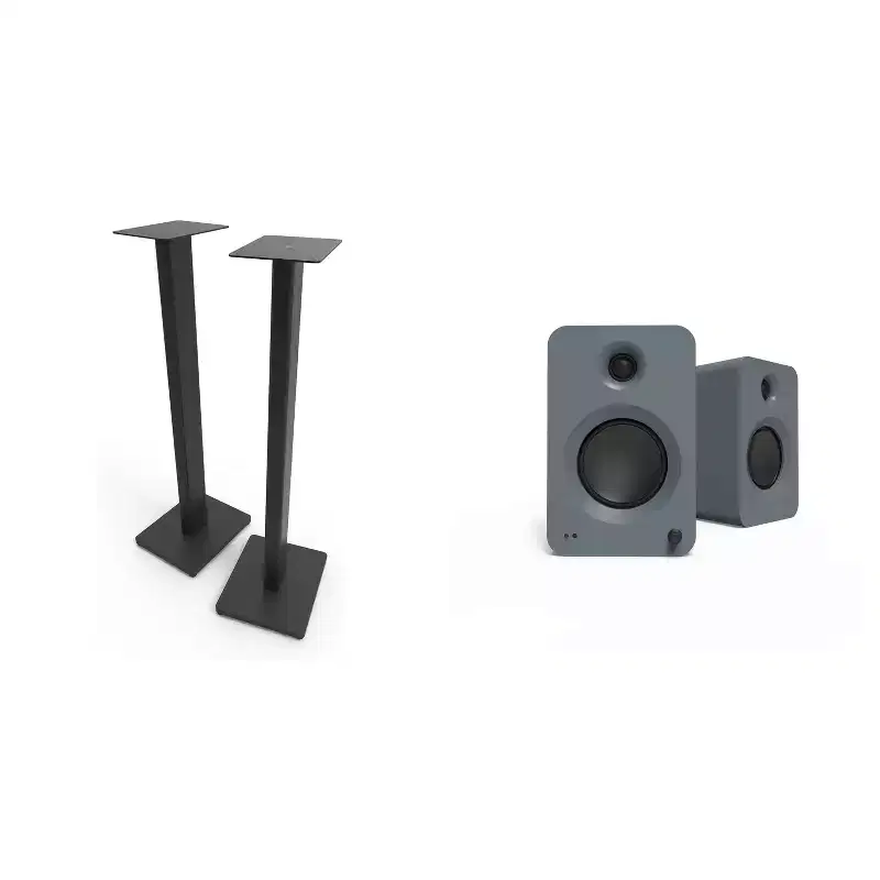 Kanto Ren Powered Speaker System - Grey, and Kanto ST34 Speaker Stands - Black
