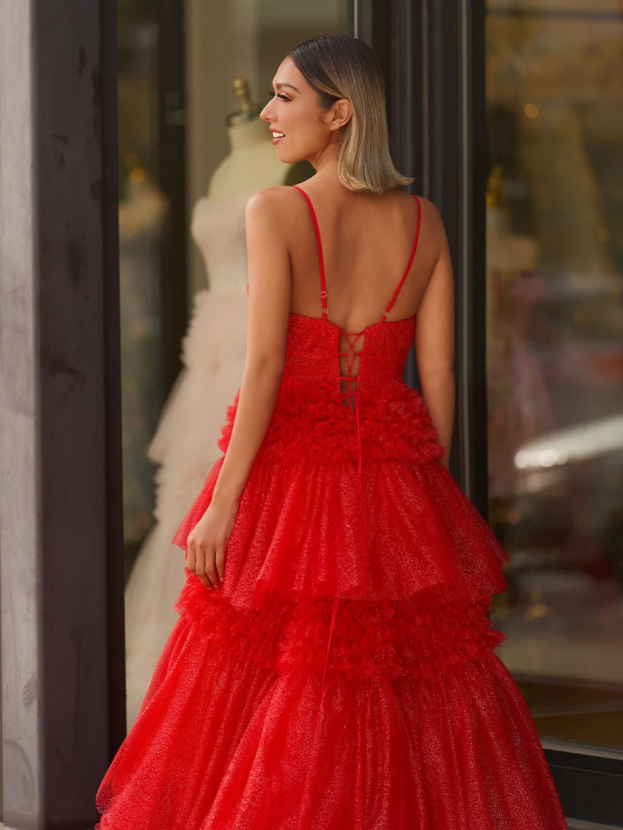 A-Line Spaghetti Straps Long Tiered Tulle Prom Dress With Split