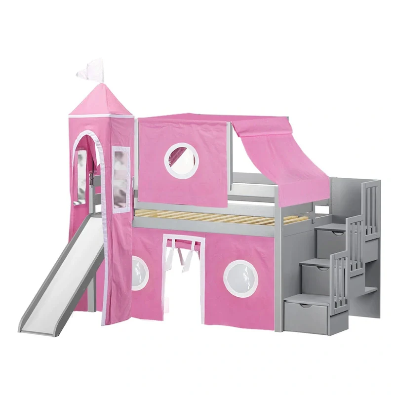 JACKPOT Prince & Princess Low Loft Twin Bed, Stairs Slide Tent & Tower