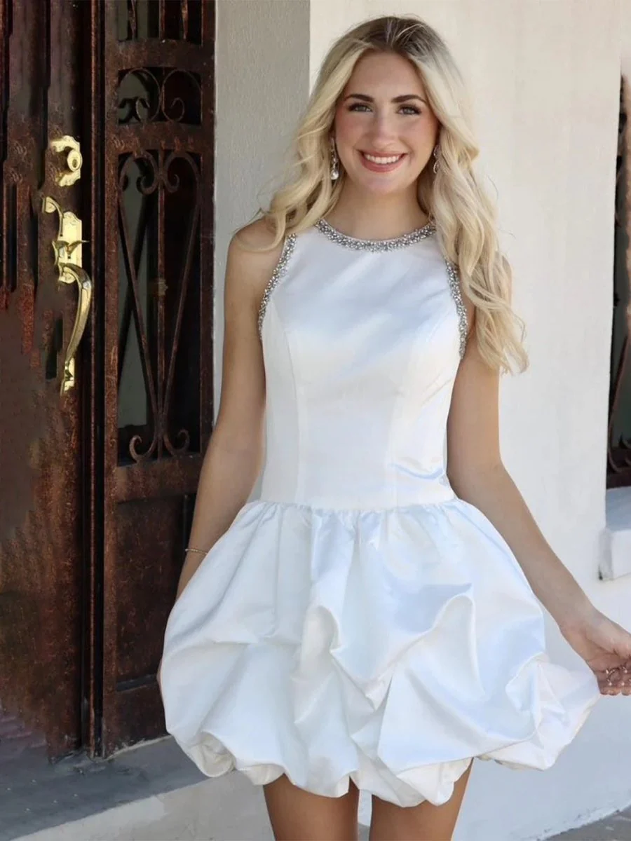 White Jewel Neck Beaded Sleeveless Ruffle Homecoming Dress