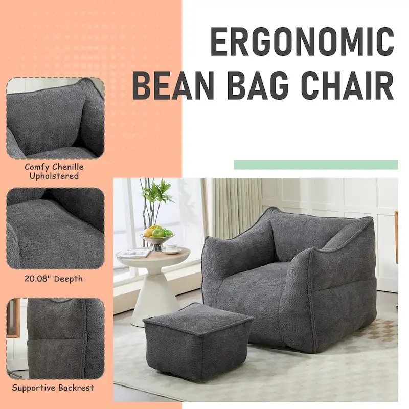 Boucle Upholstered Deep Seat Armless Square Bean Bag Chair with Ottoman
