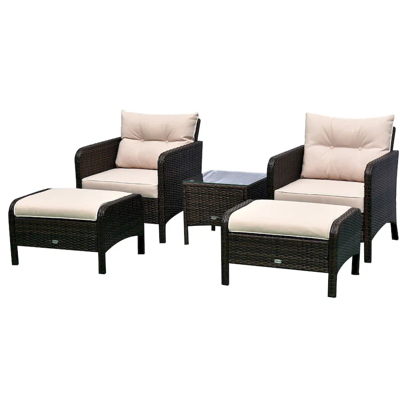 Outsunny 5-piece Wicker Patio Chairs, Ottomans, and Coffee Table Set