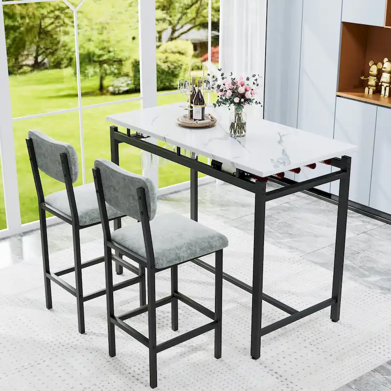 White Marble-Top Bar Table Set with 2 Stools, 2-Person
