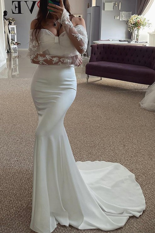 Off-Shoulder Long Sleeve Trumpet Appliques Beach Wedding Dress