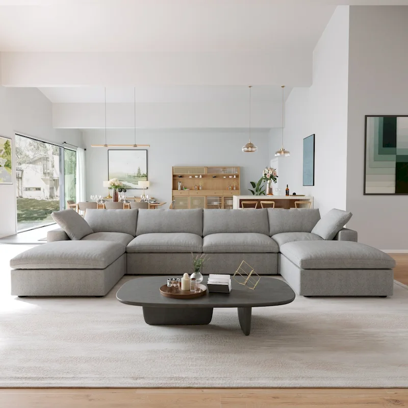 Modern Linen Down Filled Overstuffed Upholstered Sectional Sofa