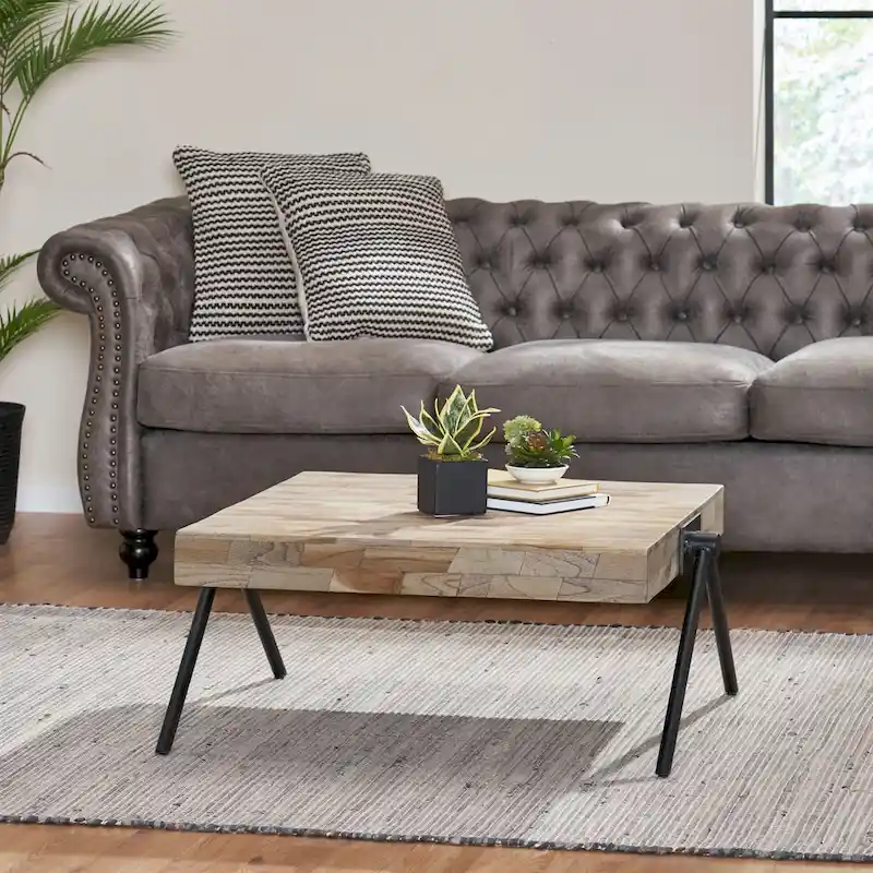 Mango Wood Coffee Table with Iron V-Shaped Legs