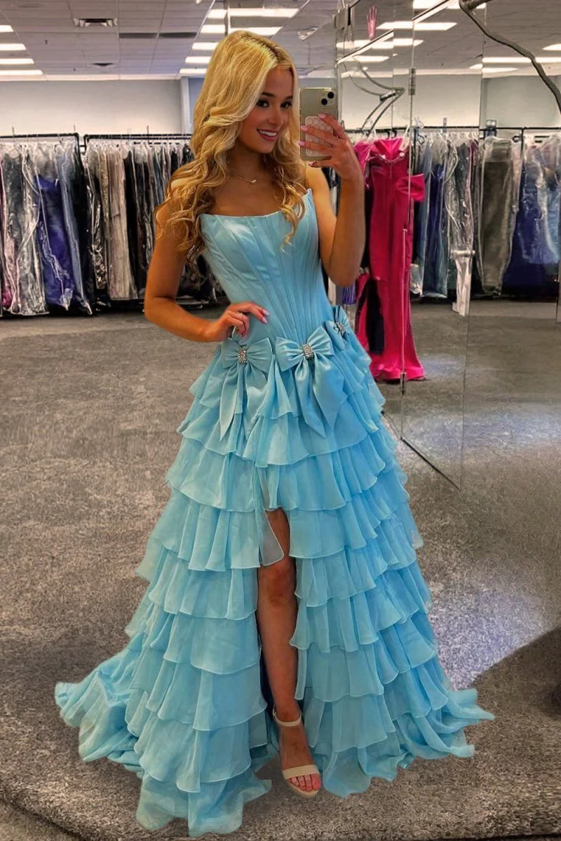 Blue - Scoop Neck A Line Chiffon Tiered Prom Dresses With Bowknot