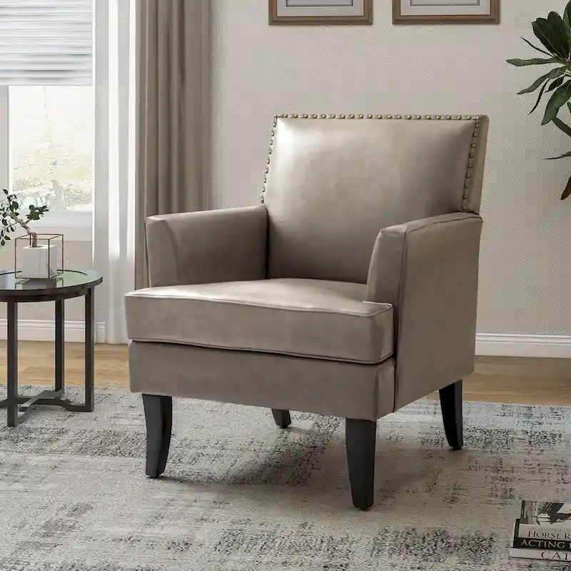 Contemporary Accent Chair, Polyester Fabric, Solid Wood Legs, Nailhead Trim, 250 lbs Capacity