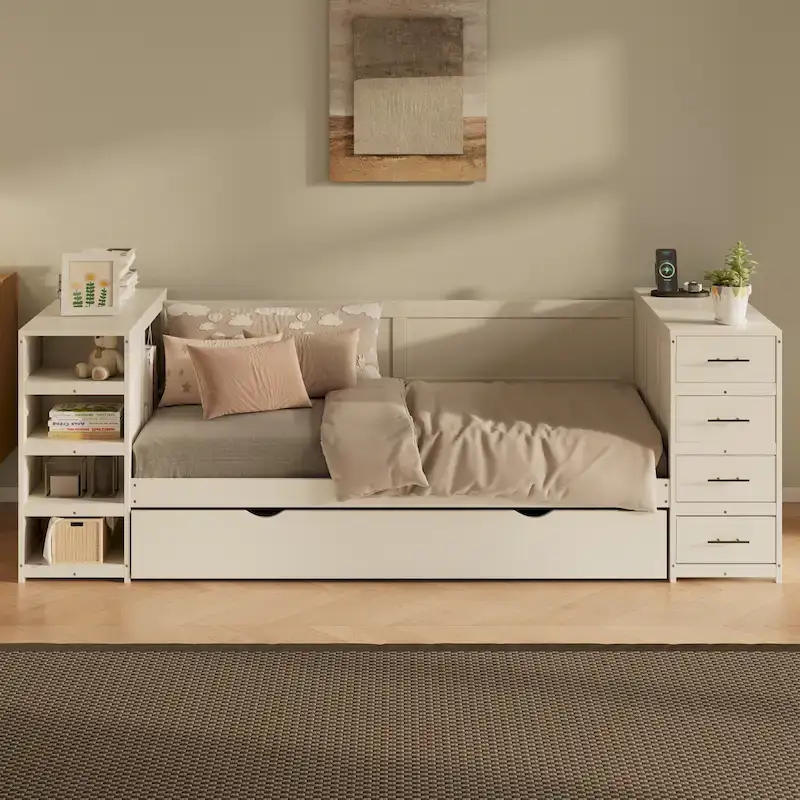 Wooden Twin Size Daybed with Trundle, Side Shelf and Drawers, Storage Bed with Desk and Charging Station for Bedroom, Guest Room