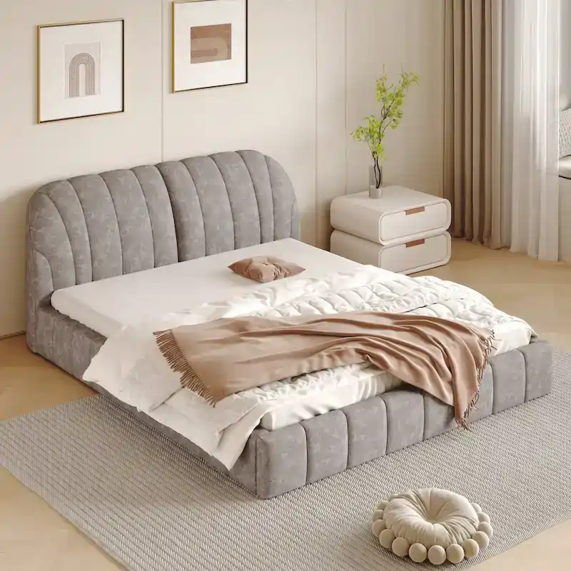 Modern Queen Size Upholstered Bed with Thick Fabric