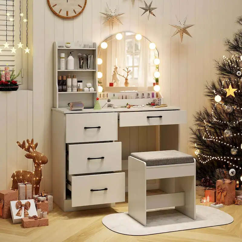 Costway Vanity Set with Mirror and Lights Dressing Table and Chair 4 - See Details