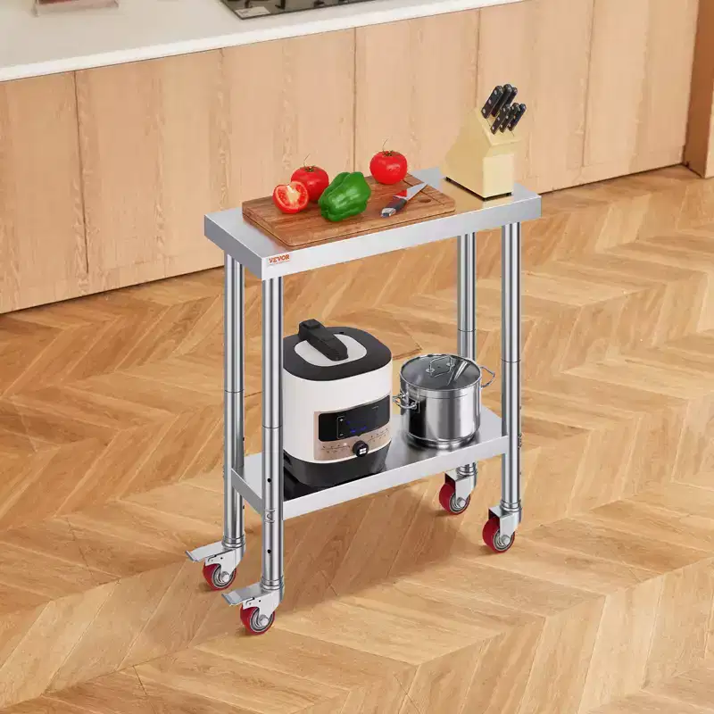 VEVOR Stainless Steel Work Table 30 x 12 x 34 Inch, 700 LBS Load Capacity with 4 Wheels, 3 Adjustable Height Levels, Silver