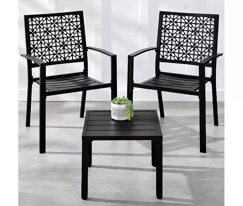 Stackable Outdoor Bistro Set 3 Piece Patio Table and 2 Chairs, Modern Wrought Iron Furniture with Scalloped Back for Porch Garden