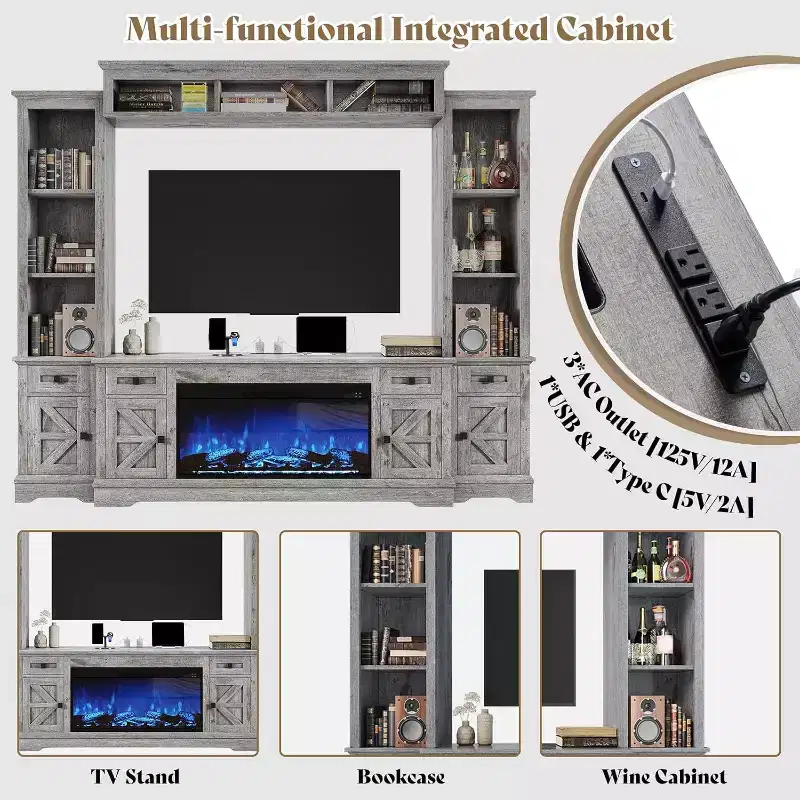 Gray & White Farmhouse Entertainment Center with Fireplace, Fits up to 78