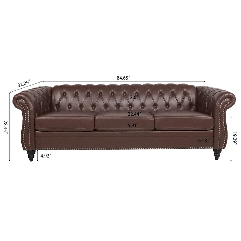 Brown Faux Leather Chesterfield Sofa for 3 People with Rolled Arms