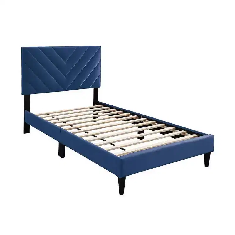 Royal Hampton Full Bed, Tufted Navy Blue Velvet Upholstery, Chevron Stitch