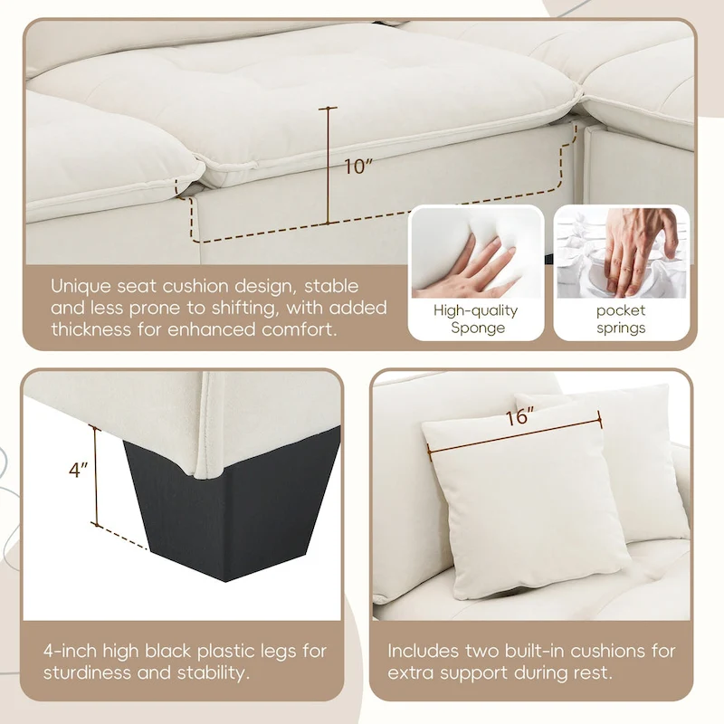 100 L-Shaped Convertible 4 Seater Sectional Sofa with Removable Ottoman and Matching Pillows, Suede Velvet Upholstery